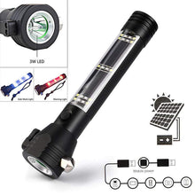 Solar Powered Multi-Function Flashlight with Survival Compass, Hammer, Belt Cutter, Power Bank